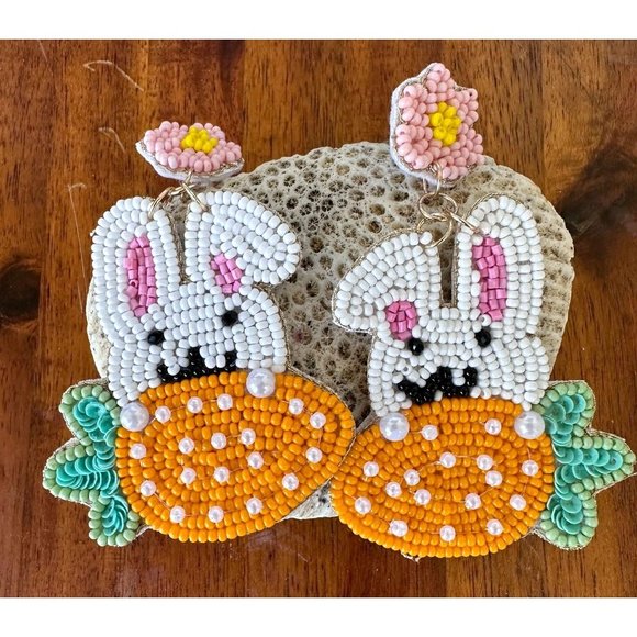 New Easter Bunny Earrings Handmade Beaded Rabbit Carrot Dangle Posts Em… - Picture 8 of 12